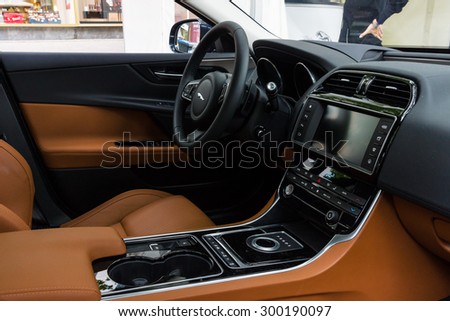 BERLIN - JUNE 14, 2015: Cabin of the compact executive car Jaguar XE 20D (since 2015). The Classic Days on Kurfuerstendamm.