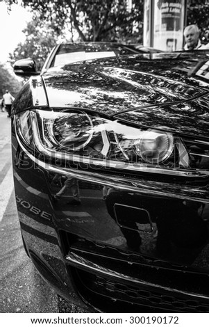 BERLIN - JUNE 14, 2015: Fragment of the compact executive car Jaguar XE 20D (since 2015). Black and white. The Classic Days on Kurfuerstendamm.