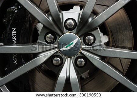 BERLIN - JUNE 14, 2015: The front brakes of a luxury sports car Aston Martin V8 Vantage N430 (since 2015). The Classic Days on Kurfuerstendamm.