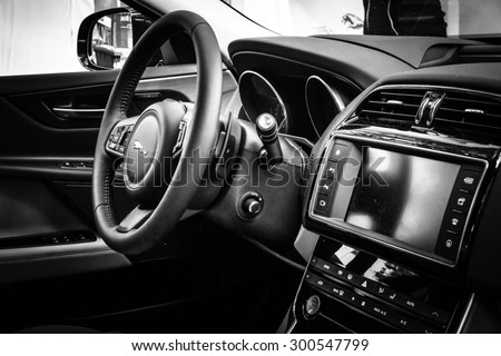 BERLIN - JUNE 14, 2015: Cabin of the compact executive car Jaguar XE 20D (since 2015). Black and white. The Classic Days on Kurfuerstendamm.