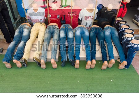 AVSALLAR, TURKEY - JULY 01, 2015: Samples of jeans worn by mannequins. Shop selling jersey.
