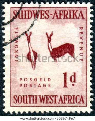SOUTH-WEST AFRICA - CIRCA 1954: Postage stamp printed in South-West Africa, shows Gazelles, rock paintings in Brandberg Mountain, circa 1954