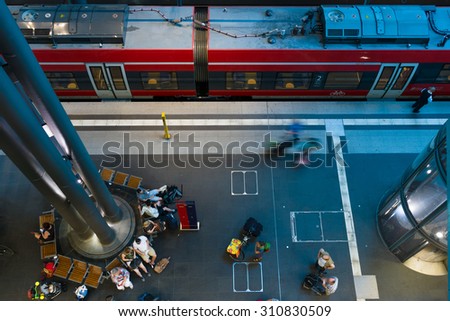 BERLIN - AUGUST 08, 2015: Berlin Central Railway Station. Top view of the platform. The central station of Berlin - the largest and modern railway station of Europe.