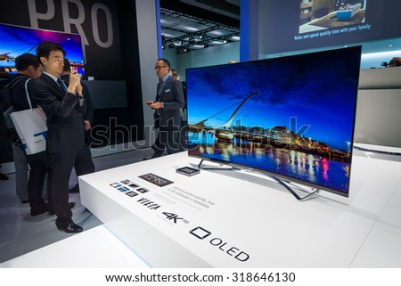 BERLIN - SEPTEMBER 04, 2015: Stand of Panasonic. Panasonic announced new OLED TVs. International radio exhibition Berlin (IFA2015).