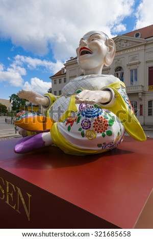 DRESDEN, GERMANY - SEPTEMBER 09, 2015: Chinese idol. Advertising Meissen porcelain. Meissen porcelain is the first European hard-paste porcelain that was developed from 1708.