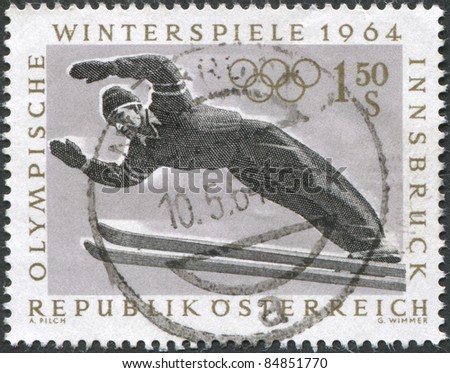 AUSTRIA - CIRCA 1963: A stamp printed in Austria, devoted to the 9th Winter Olympic Games, Innsbruck, depicted ski jumping, circa 1963