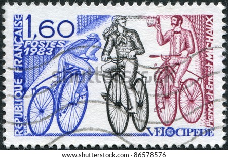 FRANCE - CIRCA 1983: A stamp printed in France, shows Michaux\'s Bicycle, circa 1983