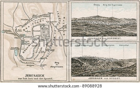 GERMANY - CIRCA 1895: Map of Jerusalem and surroundings. Atlas B. Schwarze, Leipzig, Printing House \