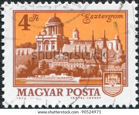 HUNGARY - CIRCA 1973: A stamp printed in Hungary, is depicted Esztergom Cathedral, coat of arms, circa 1973
