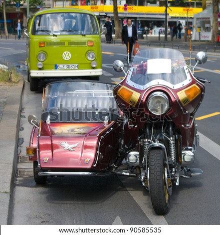 BERLIN - MAY 28: Motorcycle Honda Gold Wing GL1100 and minibus Volkswagen Type 2, the exhibition \
