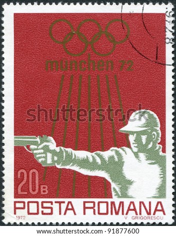ROMANIA - CIRCA 1972: A stamp printed in the Romania, dedicated to the summer Olympic Games in Munich, 72, shows the Shooting sport, Handgun, circa 1972