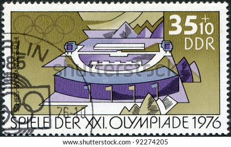DDR - CIRCA 1976: A stamp printed in DDR, devoted to the Summer Olympics in Montreal, depicts Rifle range, Suhl, circa 1976