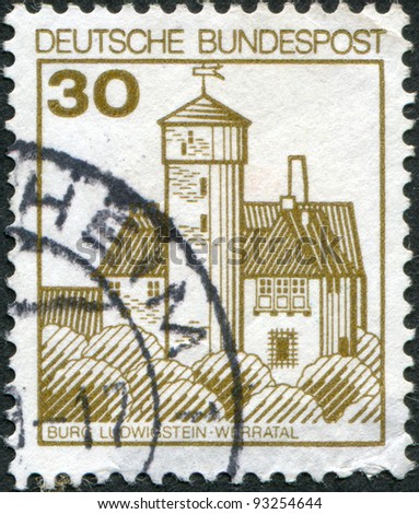 GERMANY - CIRCA 1977: A stamp printed in Germany, shows the Burg Ludwigstein, river valley Werra, circa 1977