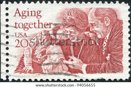 USA - CIRCA 1982: A stamp printed in the USA, shows the Aging Together, the elderly and grandchildren, circa 1982