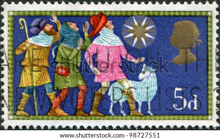 UNITED KINGDOM - CIRCA 1969: A stamp printed in England, shows three shepherds and the Star of Bethlehem, Christmas, circa 1969
