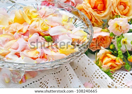 rose petals in a crystal bowl