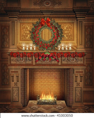 Fairytale Fireplace With Christmas Wreath And Poinsettias Stock Photo ...