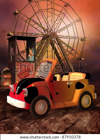Colorful fun fair with a toy car