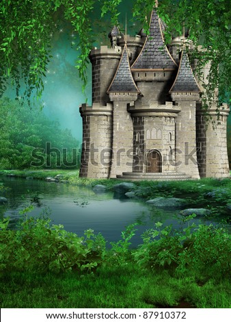 Fairytale scenery with a castle by the river