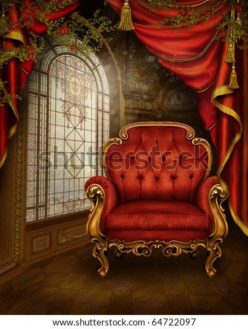 Similar – Image, Stock Photo An old red armchair with floral pattern stands in an old rotting room of a lost place. What a pity.