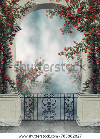 Fantasy arch with a balcony and colorful rose vines. 3D illustration.