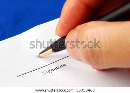 Sign the name on a paper with a pen isolated on blue