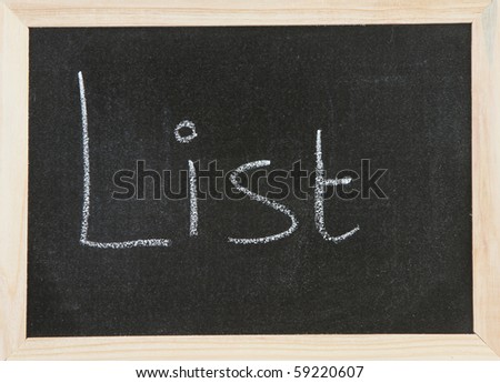 Black chalk board with wooden framed surround with the word List.