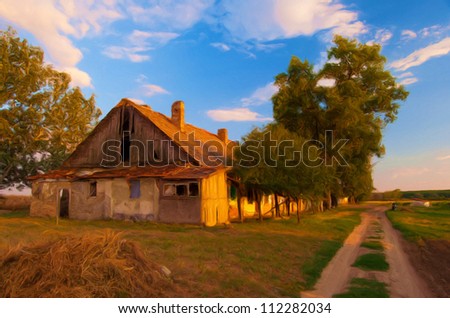 Landscape painting showing old abandoned country house on sunny summer day.