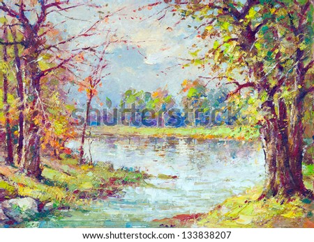 Landscape painting showing river flowing through the forest on beautiful spring day.