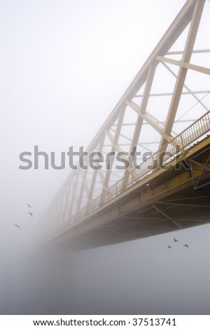 Yellow bridge disappears in the thick autumn fog. Two groups of three birds fly from the bridge in different directions.