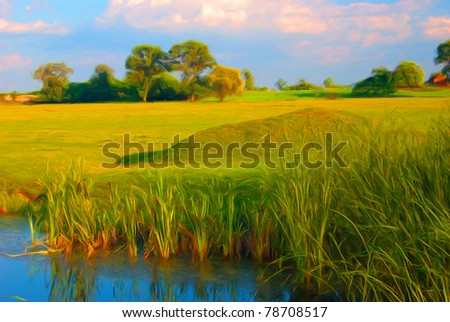Landscape painting showing reed in the water, wast meadow and trees at the horizon.
