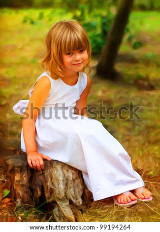 Beautiful Painting Showing Cute Little Girl Sitting On The Log In The ...