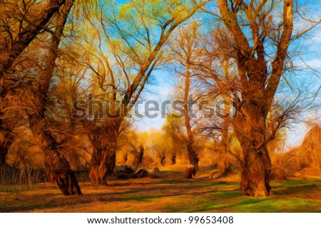 Landscape painting showing old forest on sunny spring day.