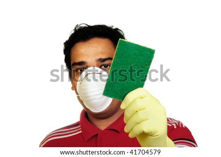 man showing scrub with mask on the face