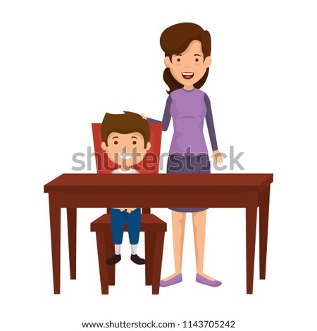 cute and little boy with mother in the table