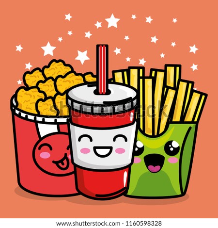 french fries and nugets with soda kawaii character