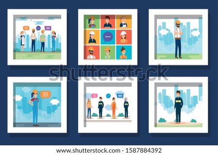 bundle of scenes group workers vector illustration design