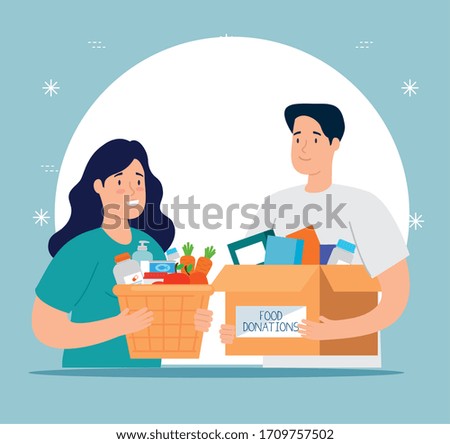couple with box and basket of charity donation vector illustration design