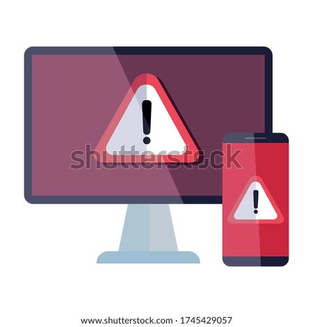 computer and smartphone with warning notification icon vector illustration design