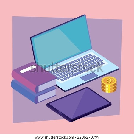 laptop with books and coins