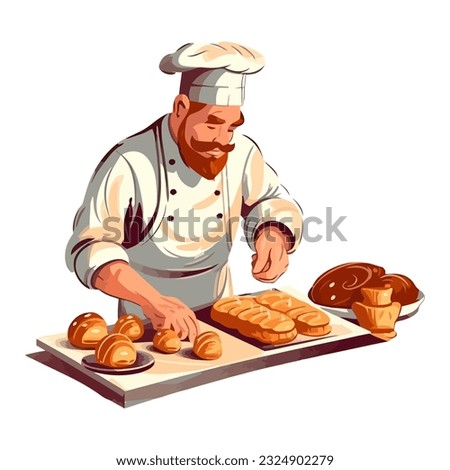 The baker, prepares croissants and baguettes icon isolated