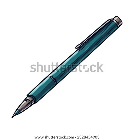Blue ballpoint pen creates sharp signature on paper icon isolated