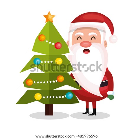 Santa Claus And Tree Merry Christmas Design Stock Vector Illustration