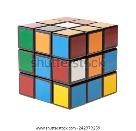 Kuala Lumpur, Malaysia - Jan 11, 2015:  Rubik\'s Cube on a white background. Rubik\'s Cube invented by a Hungarian architect Erno Rubik in 1974.
