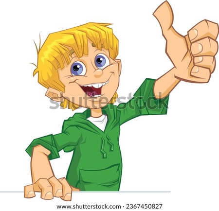 Teenage boy look out and showing thumbs up sign.
Color vector illustration of a cartoon Kid showing thumbs up sign isolated on white background.