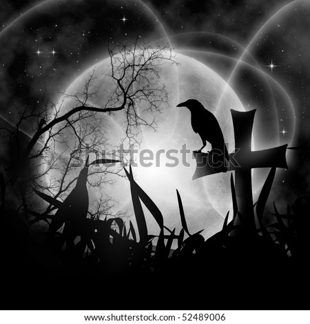 Mystical night with full moon and raven