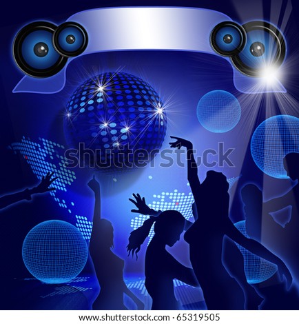 Disco Party On Blue Background With Sexy Girls Shapes Stock Photo ...