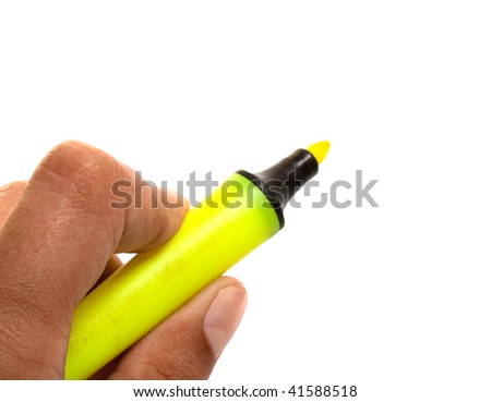 Hand with yellow marker isolated on white background