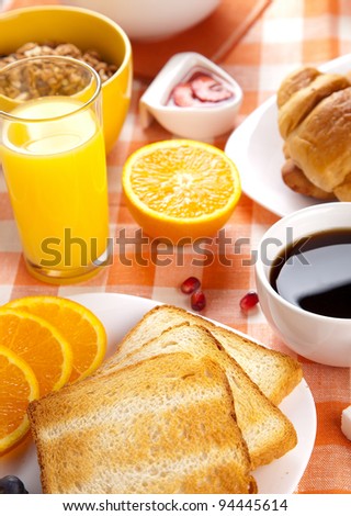breakfast with toasts jam and fruits