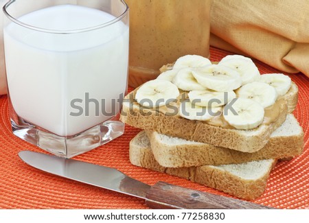 peanut butter banana sandwich with a glass of milk